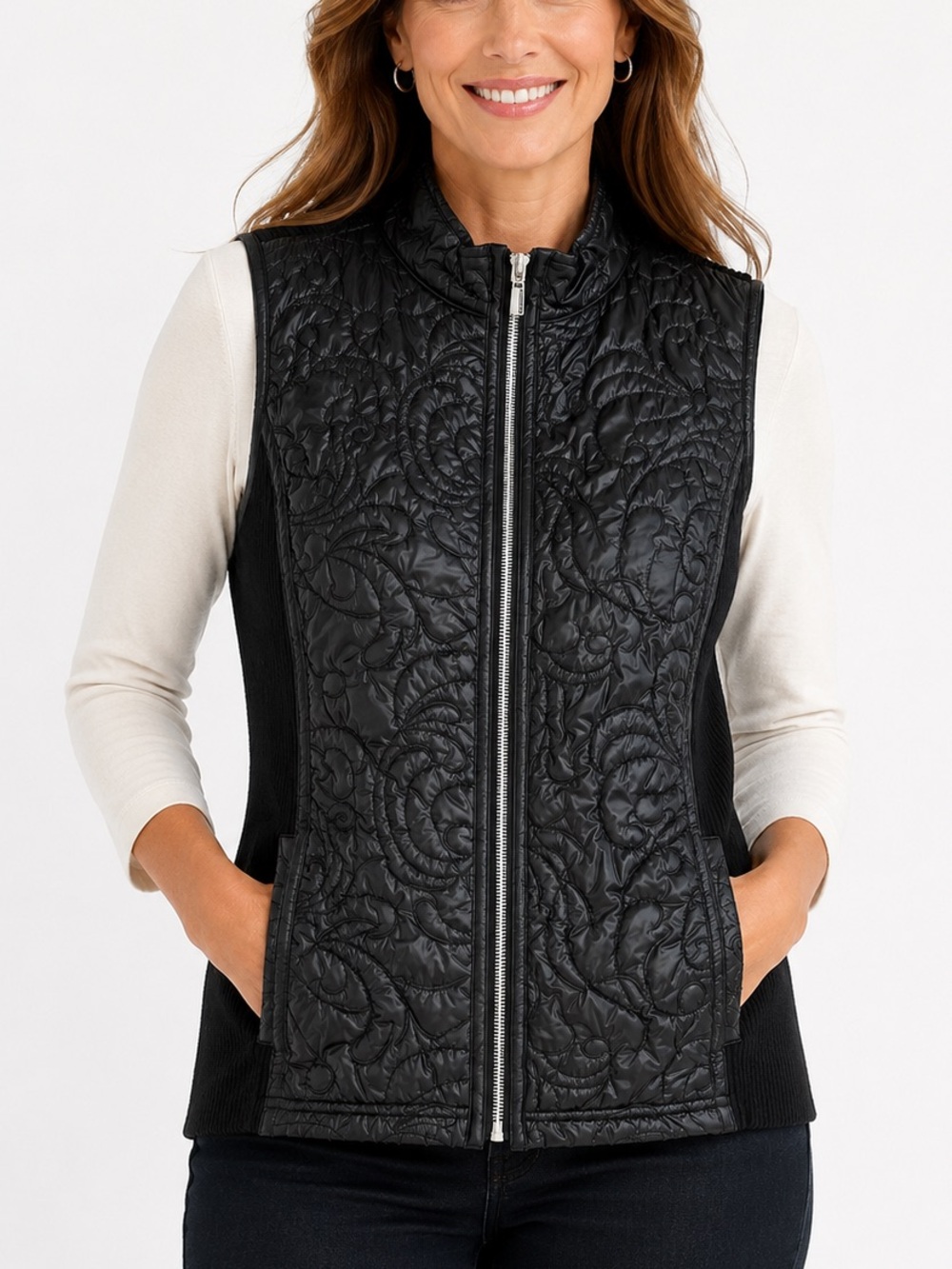 Chico’s Collection Black Quilted Knit Vest Full Zip Mock Neck 2 Quiet Luxury